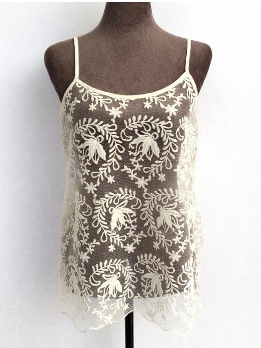 Ivory Sheer Embroidered Mesh Cami Top Scalloped HemSize S